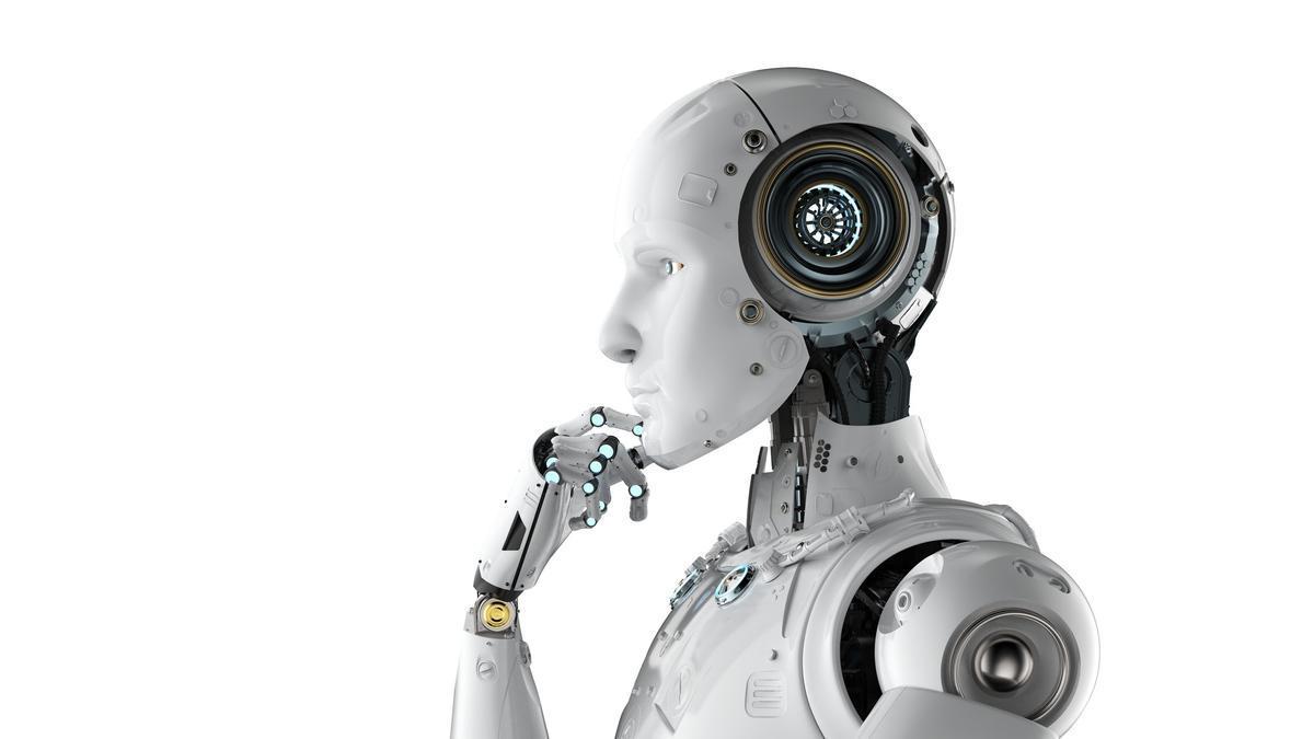 Un robot humanoide en posición de pensar.