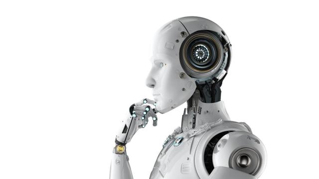 Un robot humanoide en posición de pensar.