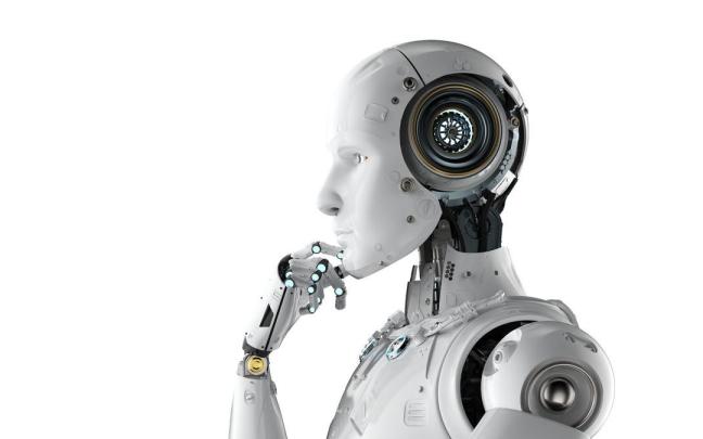 Un robot humanoide en posición de pensar.