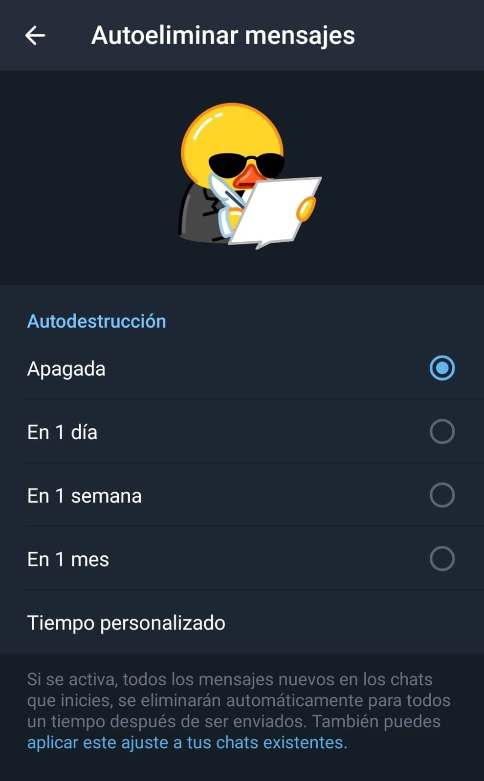 Pantalla de los ajustes de la eliminado automáticos de mensajes.