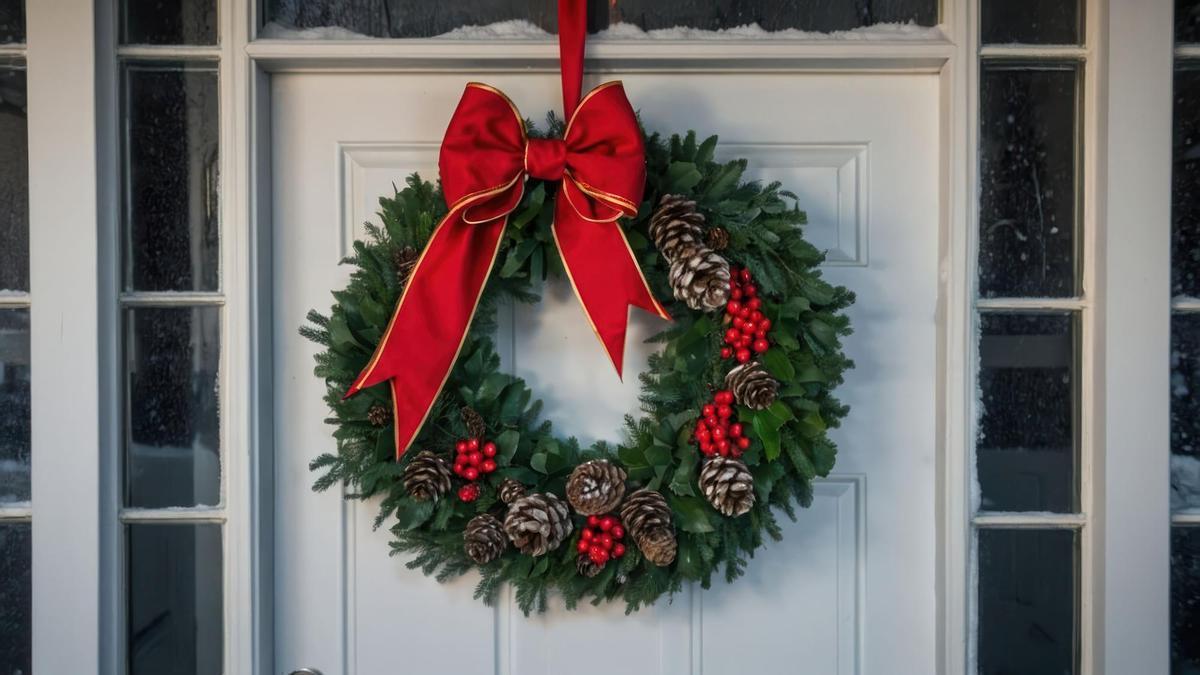 Una corona navideña en la puerta de una vivienda.