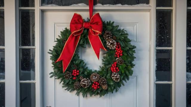 Una corona navideña en la puerta de una vivienda.