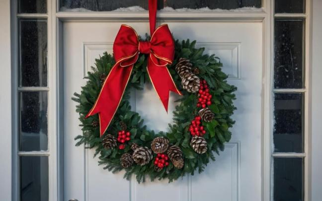 Una corona navideña en la puerta de una vivienda.