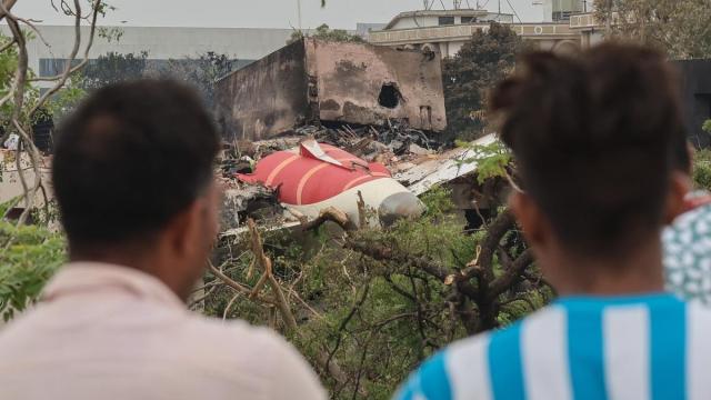Dos hombres observan los restos del avión accidentado en la India. / EFE Dos hombres observan los restos del avión accidentado en la India.