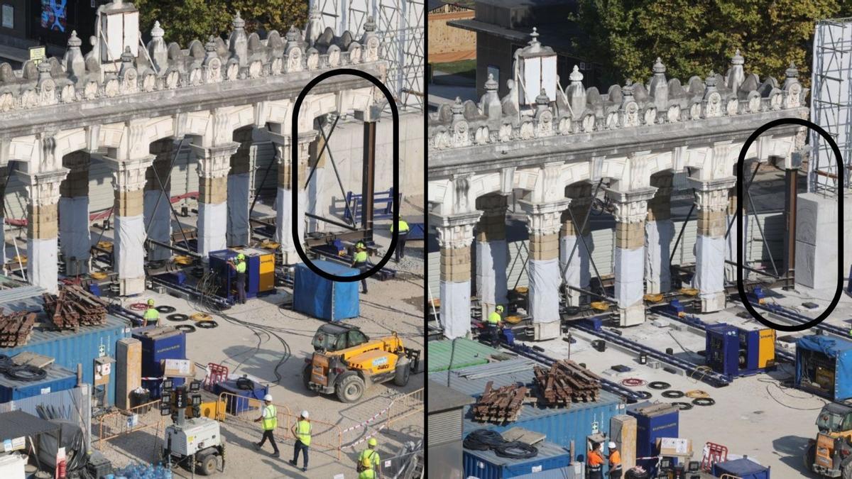 Antes y después del deslizamiento del pórtico con la viga de hierro a la derecha en distinta posición.