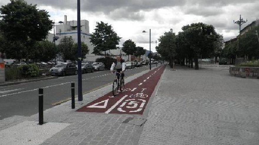 Un ciclista, por el bidegorri que discurre por la Alameda.
