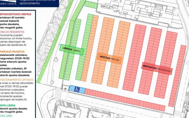Mapa que muestra la distribución de los aparcamientos en Luzuriaga