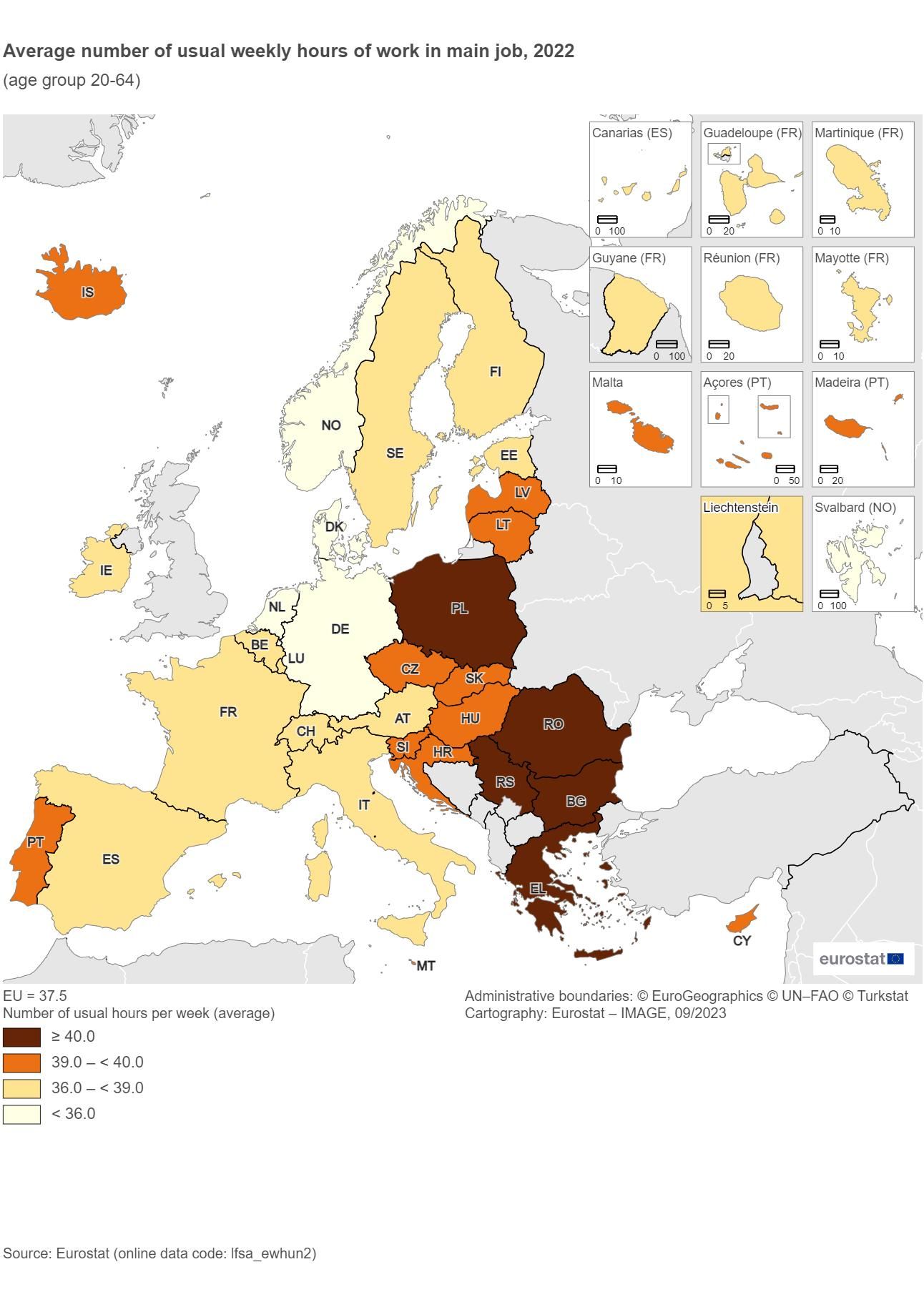 Media de horas semanales trabajadas por personas entre 20 y 64 años en 2022 en la UE