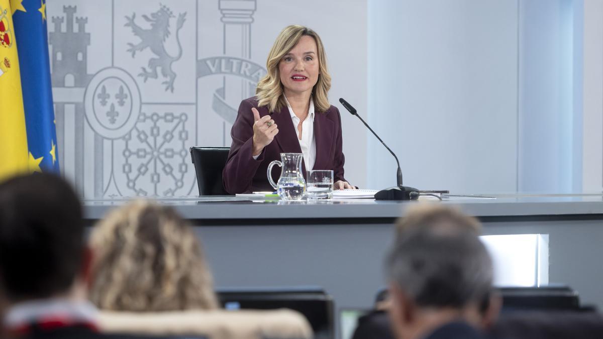 Pilar Alegría, durante la rueda de prensa que ha ofrecido este martes.