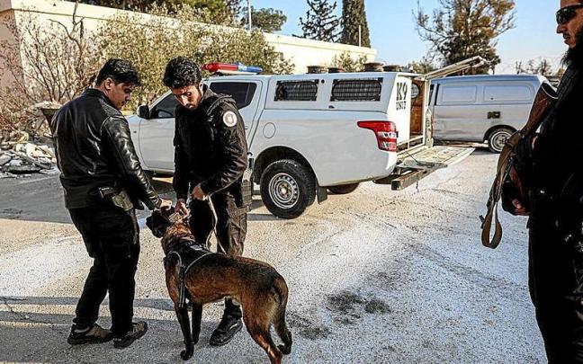 Un grupo de combatientes sirios, con un perro, durante un operativo en Damasco. | FOTO: EFE Un grupo de combatientes sirios, con un perro, durante un operativo en Damasco. | FOTO: EFE