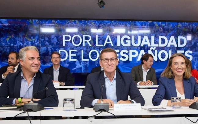 El presidente del PP, Alberto Núñez Feijoó, junto al coordinador general y a la secretaria general de su partido durante la Junta Directiva Nacional del PP.