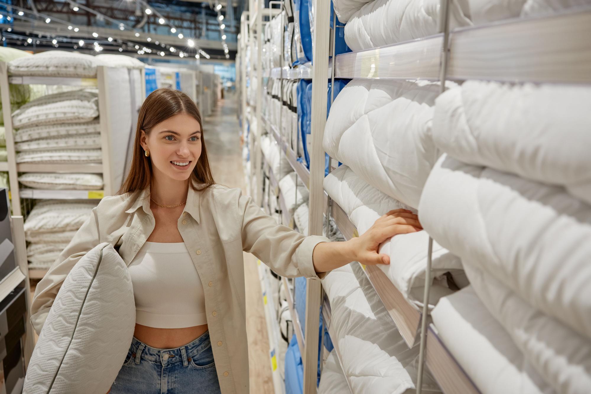 Chica compra ropa de cama en una tienda de decoración.