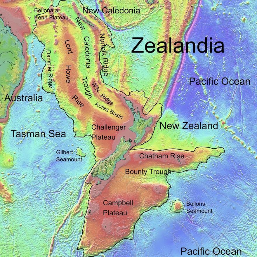 Las unicas zonas emergidas del continente sumergido son Nueva Zelanda, Nueva Caledonia y la pequeña isla Norfolk.