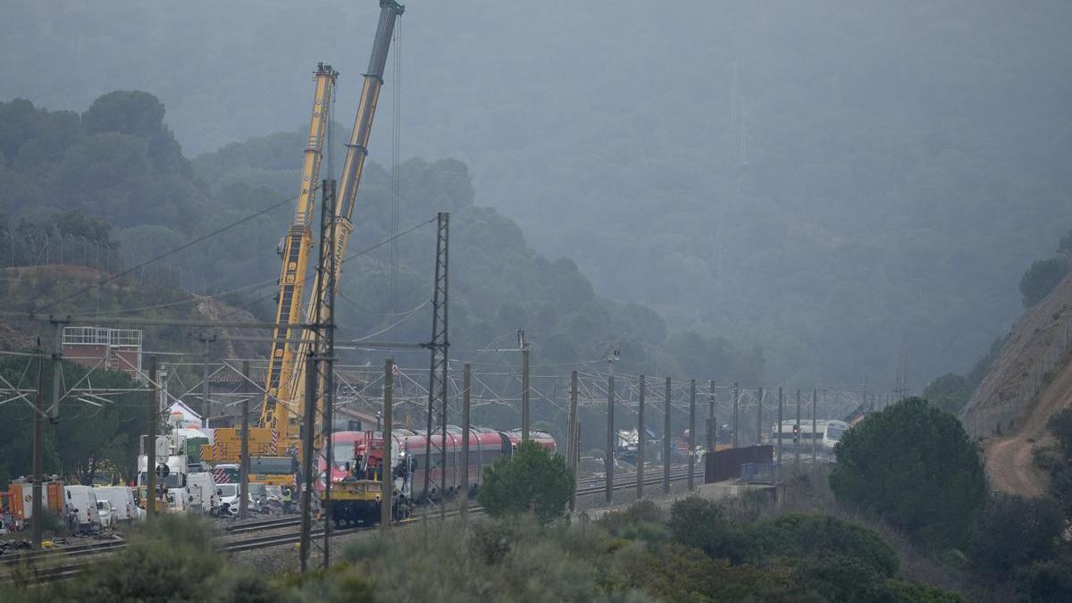 Imagen de los trabajos de rescate de los convoyes de trenes accidentados en la zona del suceso en Adamuz (Córdoba)