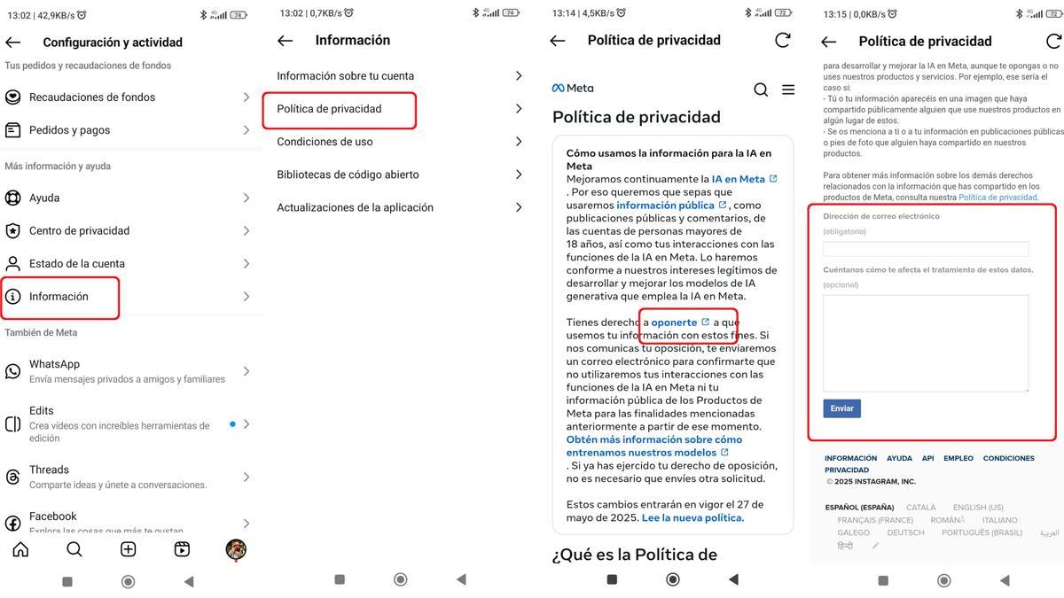 Combo con los pantallazos de los pasos que hay que dar para oponerse al uso de los contenidos creados por los usuarios.