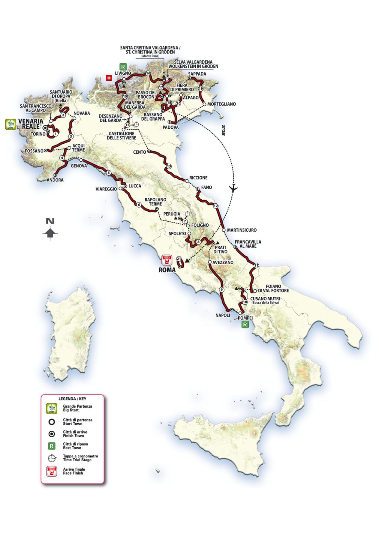 Mapa de las etapas de la carrera italiana.
