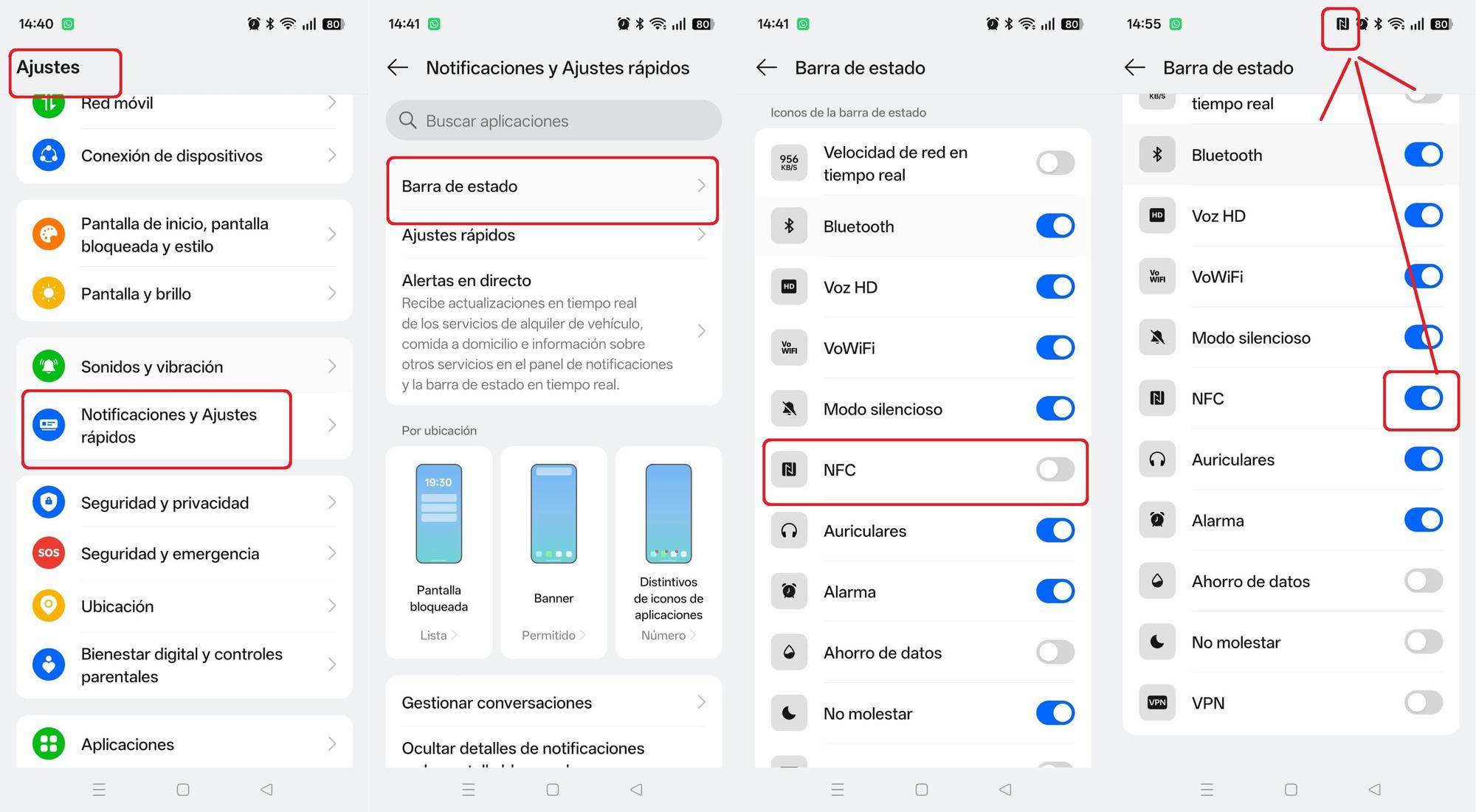 Los cuatro pasos para activar la noitificación de NFC en la Barra de estado.