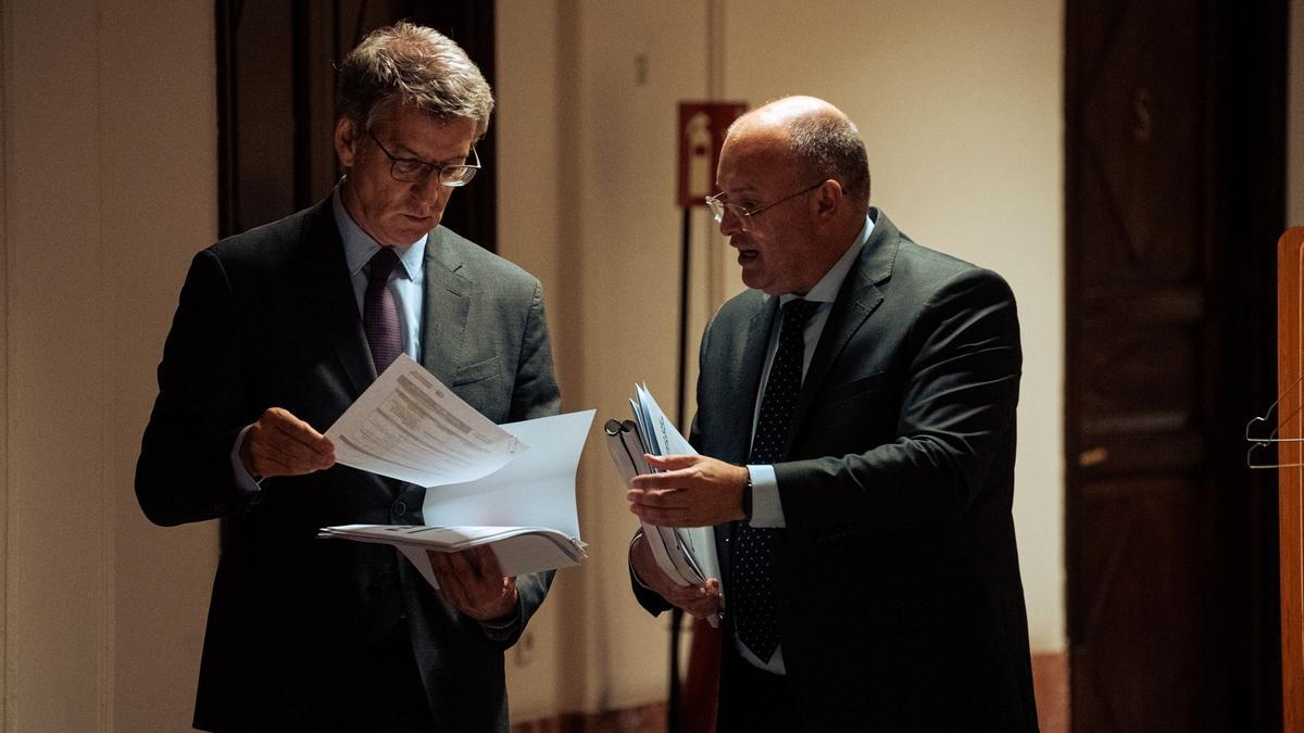 El presidente del PP, Alberto Núñez Feijóo (i), y el portavoz del PP, Miguel Tellado (d), en el Congreso.