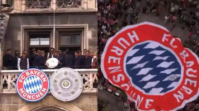 El Bayern, celebrando la Liga en el ayuntamiento (i) y la lona con el escudo modificado (d).