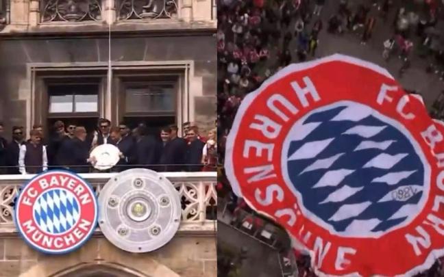 El Bayern, celebrando la Liga en el ayuntamiento (i) y la lona con el escudo modificado (d).