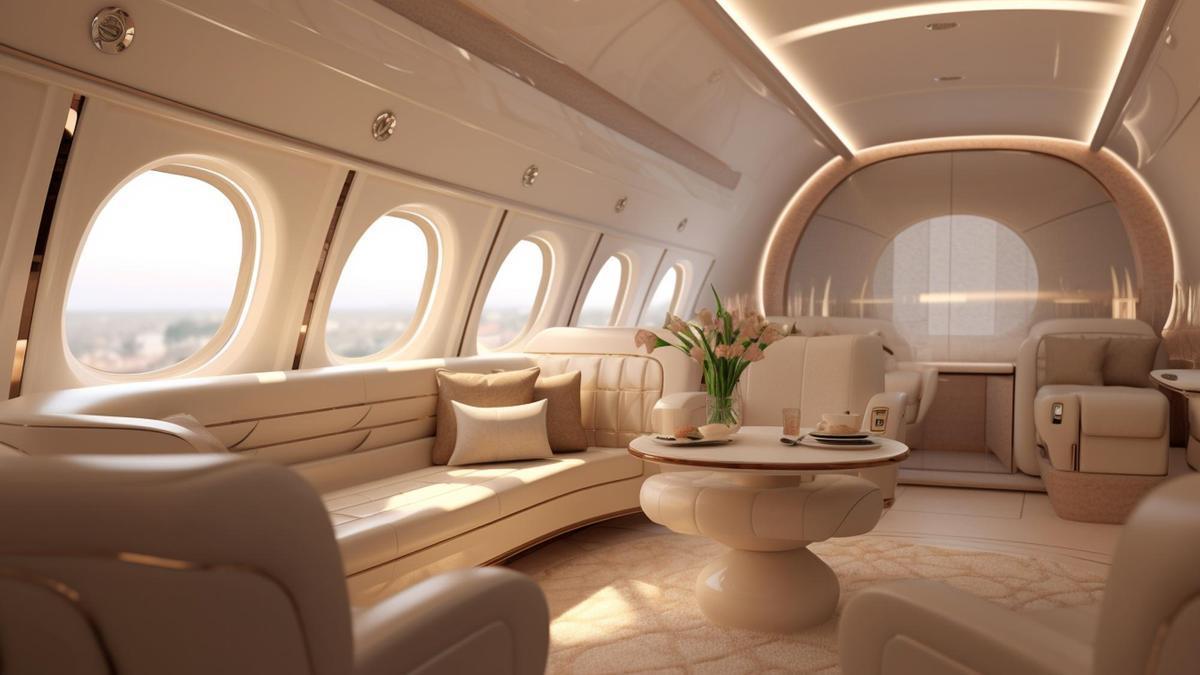 Zona de estar en un lujoso jet privado.