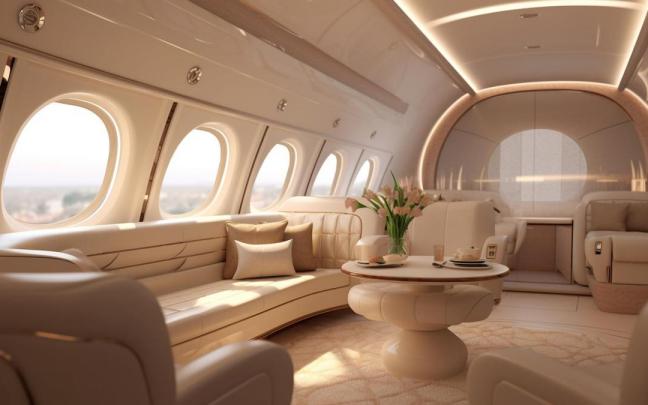 Zona de estar en un lujoso jet privado.