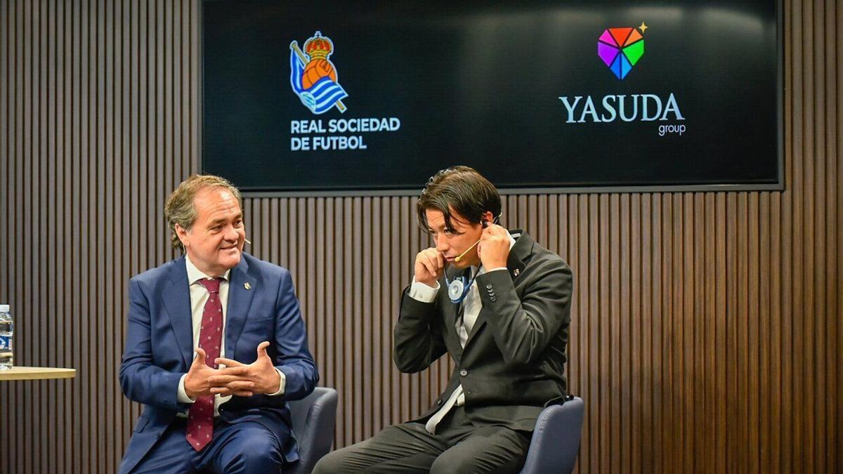 Jokin Aperribay, presidente de la Real, en la presentación del acuerdo con Yamuda. / ARNAITZ RUBIO
