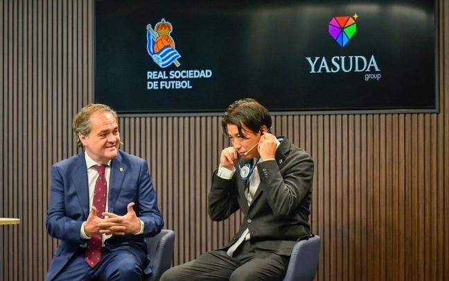 Jokin Aperribay, presidente de la Real, en la presentación del acuerdo con Yamuda. / ARNAITZ RUBIO