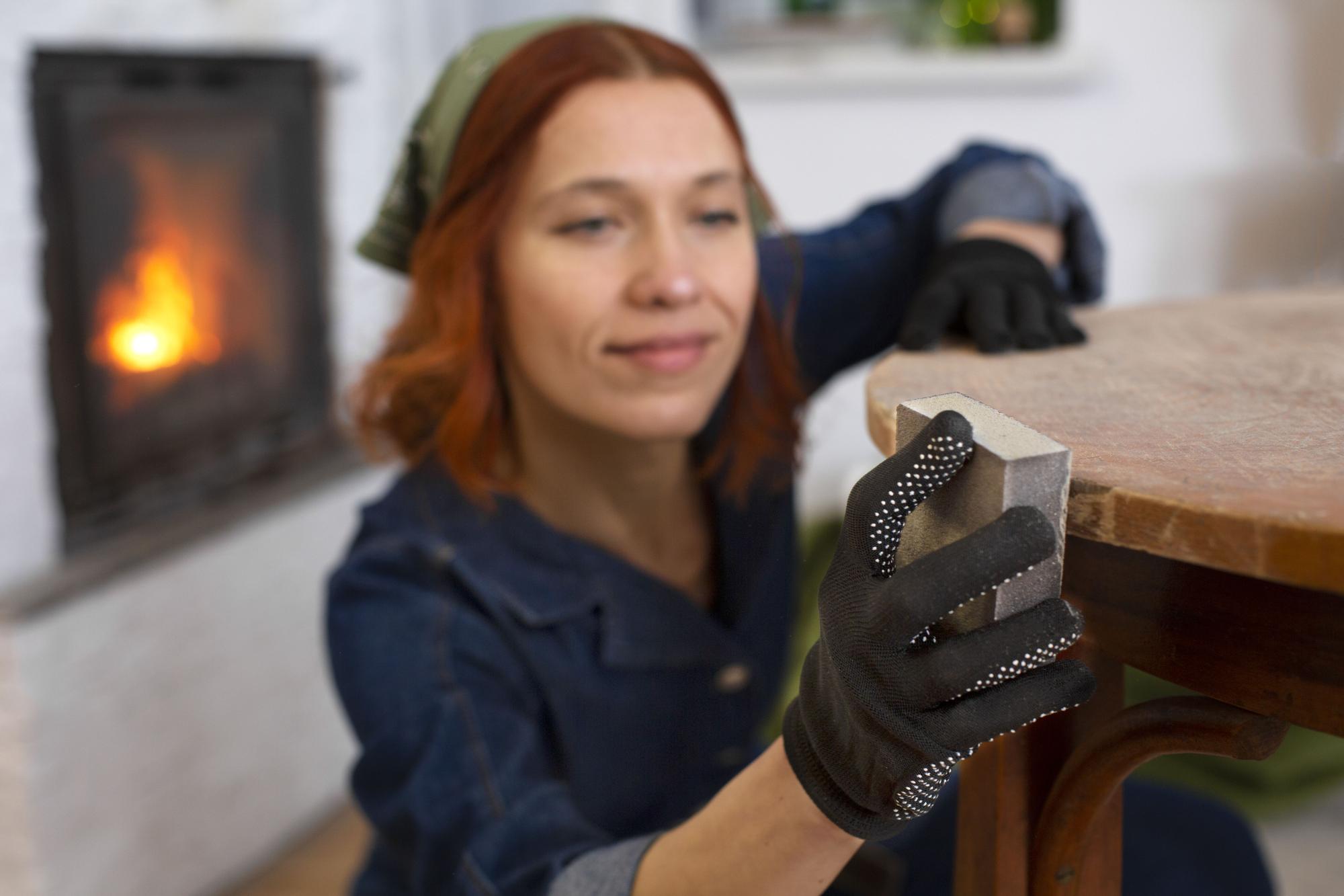 Chica joven lija una mesa de segunda mano antes de darle una capa de pintura para incorporarla en su hogar.