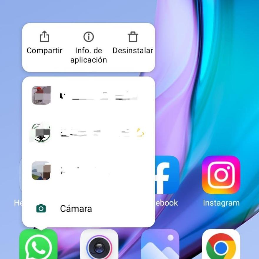 Las opciones rápidas que se esconden en el icono de la aplicación en un móvil con android.