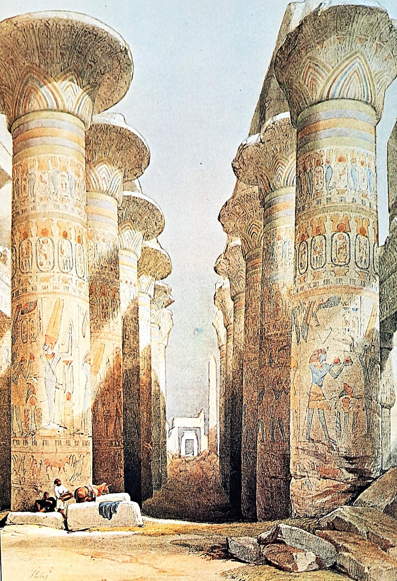 Ilustración del bosque de columnas en templo Karkak en una acuarela de D. Roberts.