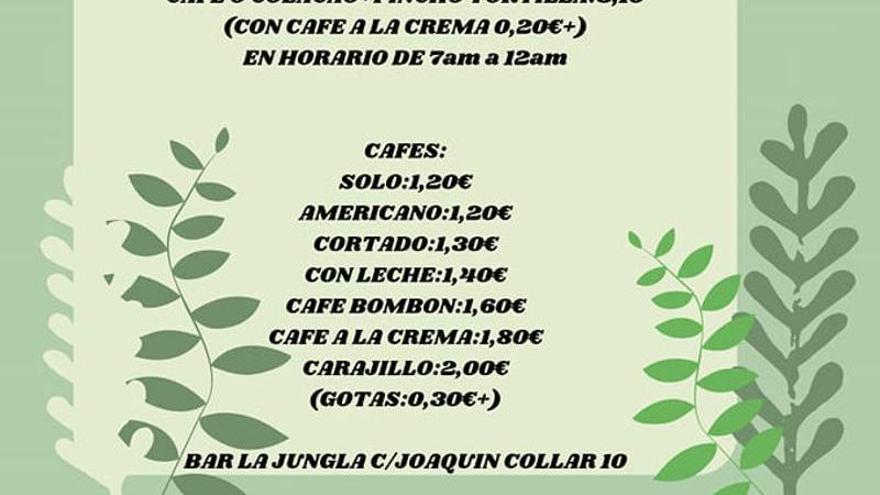 Listado de precios del bar La Jungla, en la calle Joaquín Collar
