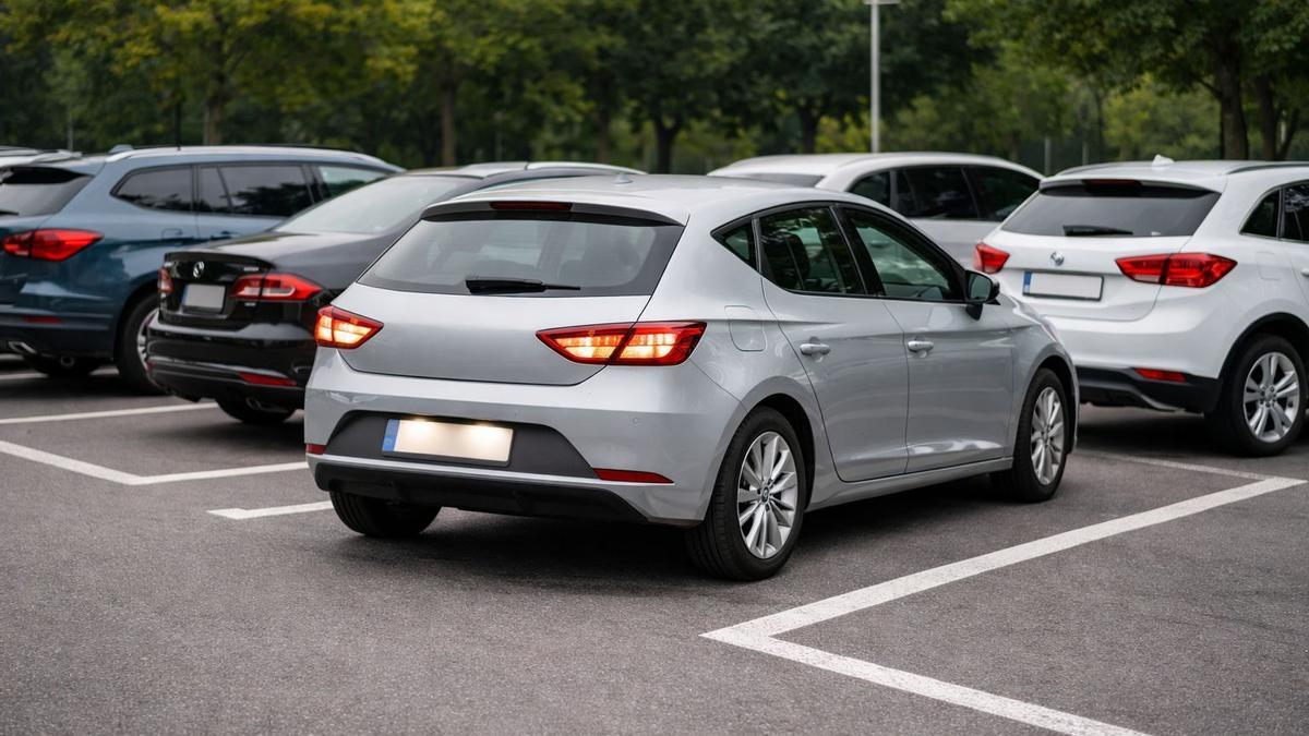 Un coche sale marcha atrás de una plaza de aparcamiento.
