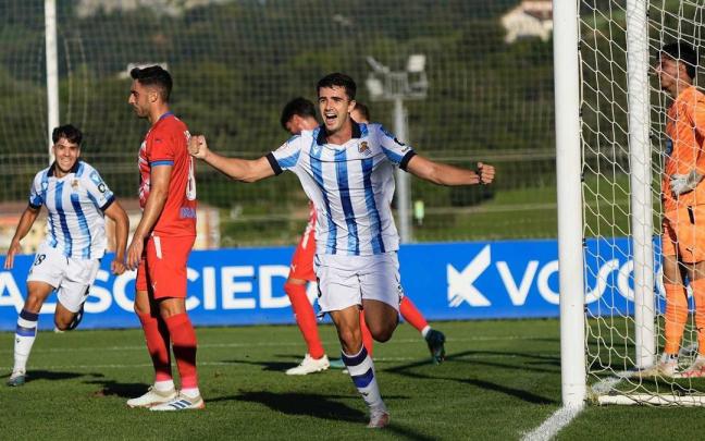 Azkune celebra el gol que adelantó al Sanse ante el Lugo. / N.G.