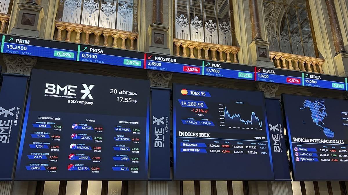 Paneles informativos en el Palacio de la Bolsa de Madrid.