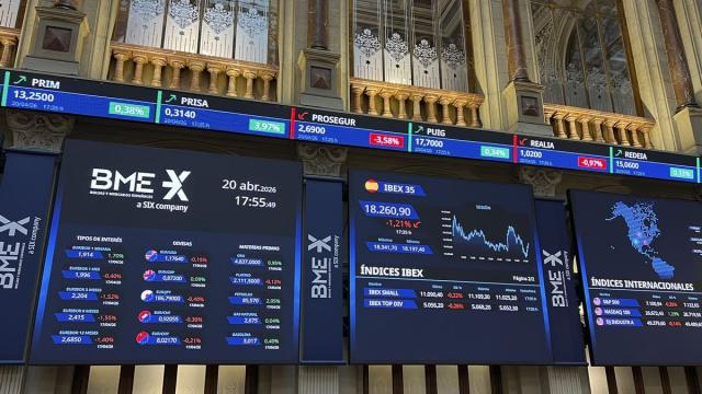 Paneles informativos en el Palacio de la Bolsa de Madrid.