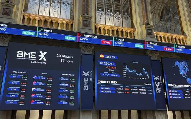 Paneles informativos en el Palacio de la Bolsa de Madrid.