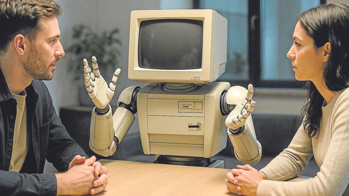Una imagen de una pareja escuhando los argumentos que epone una IA a través de un ordenador.