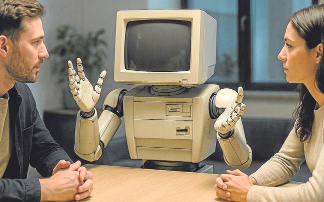 Una imagen de una pareja escuhando los argumentos que epone una IA a través de un ordenador.