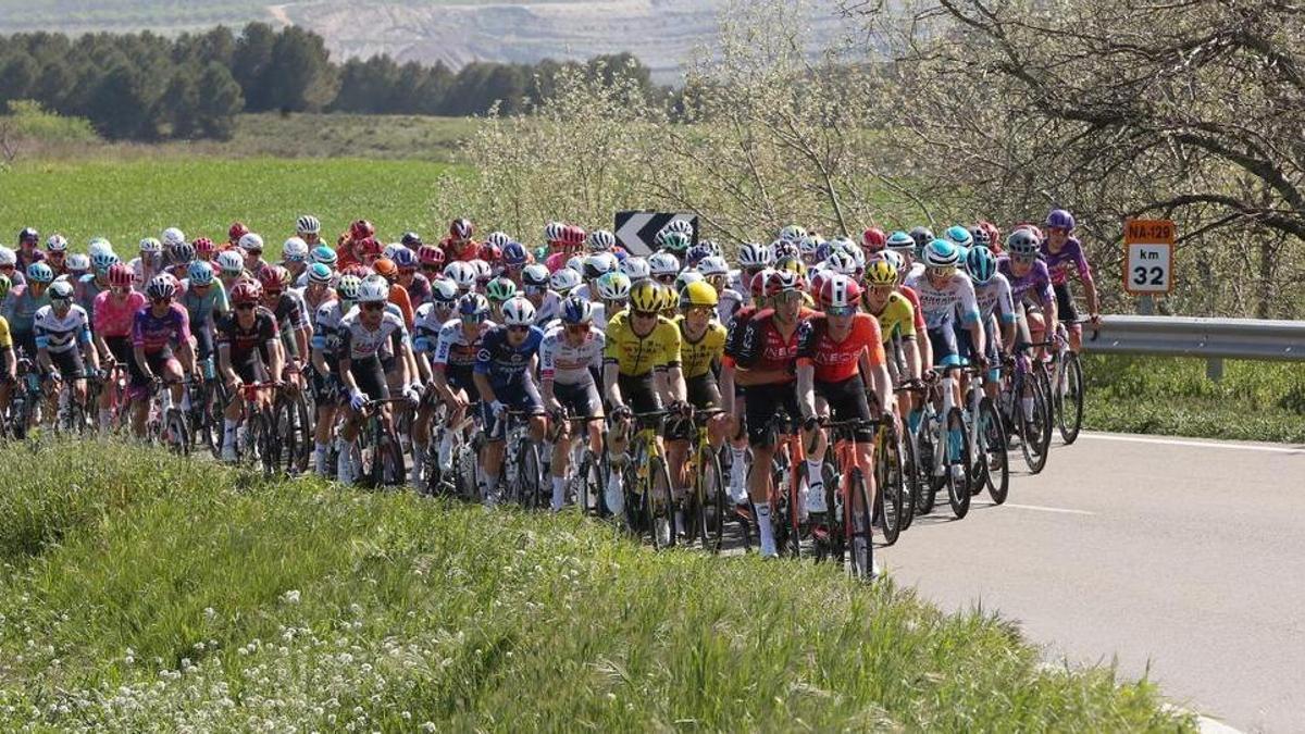 El pelotón rueda durante la etapa navarra de la pasada Itzulia que unió Iruñea y Lodosa.