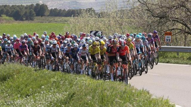 El pelotón rueda durante la etapa navarra de la pasada Itzulia que unió Iruñea y Lodosa.