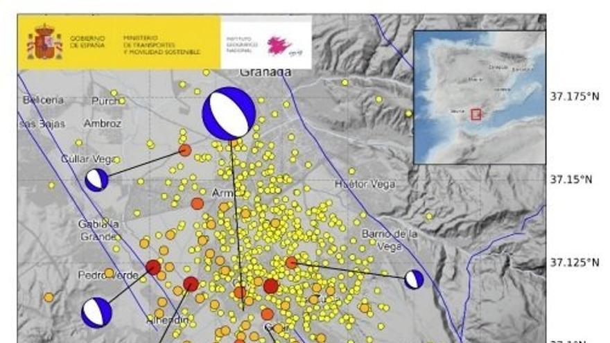 Mapa que recoge la serie símica que afecta a La Vega de Granada