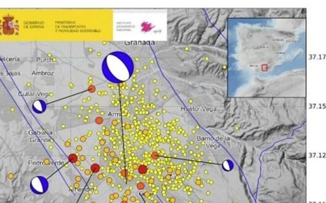Mapa que recoge la serie símica que afecta a La Vega de Granada