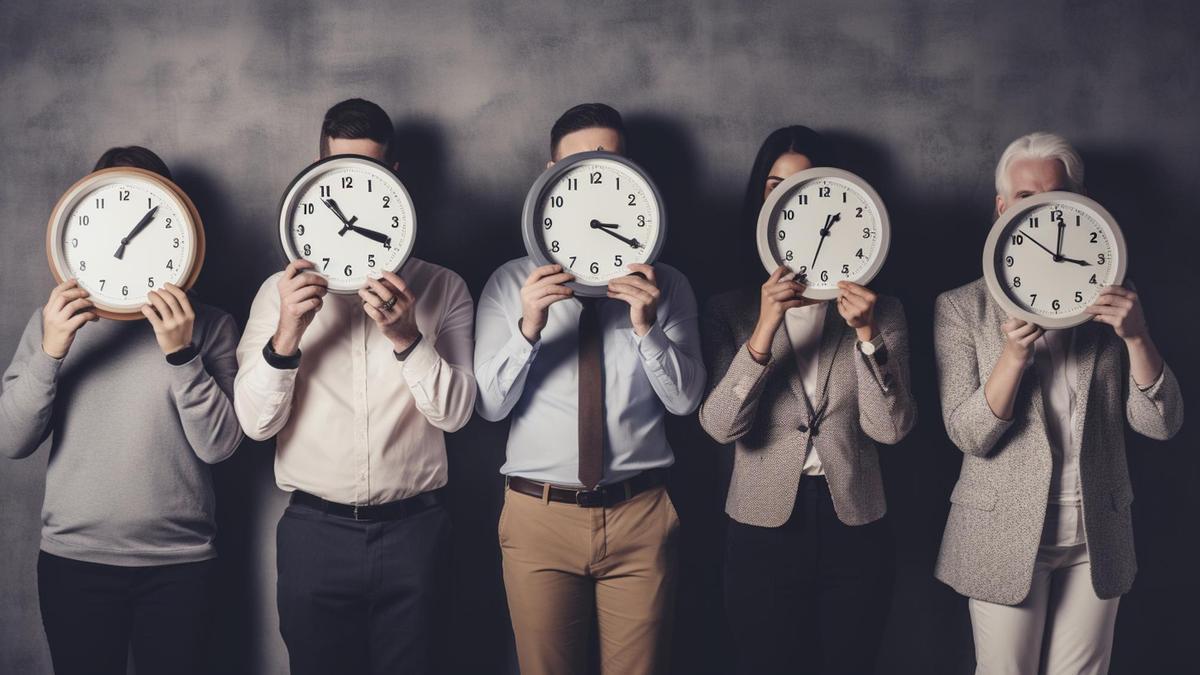 Varios trabajadores de una empresa, con relojes marcando diferentes horas.
