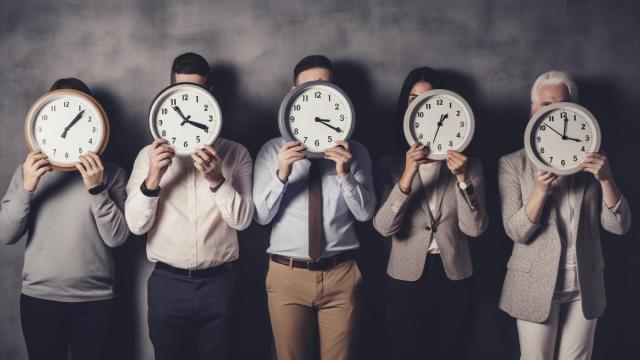 Varios trabajadores de una empresa, con relojes marcando diferentes horas. Varios trabajadores de una empresa, con relojes marcando diferentes horas.