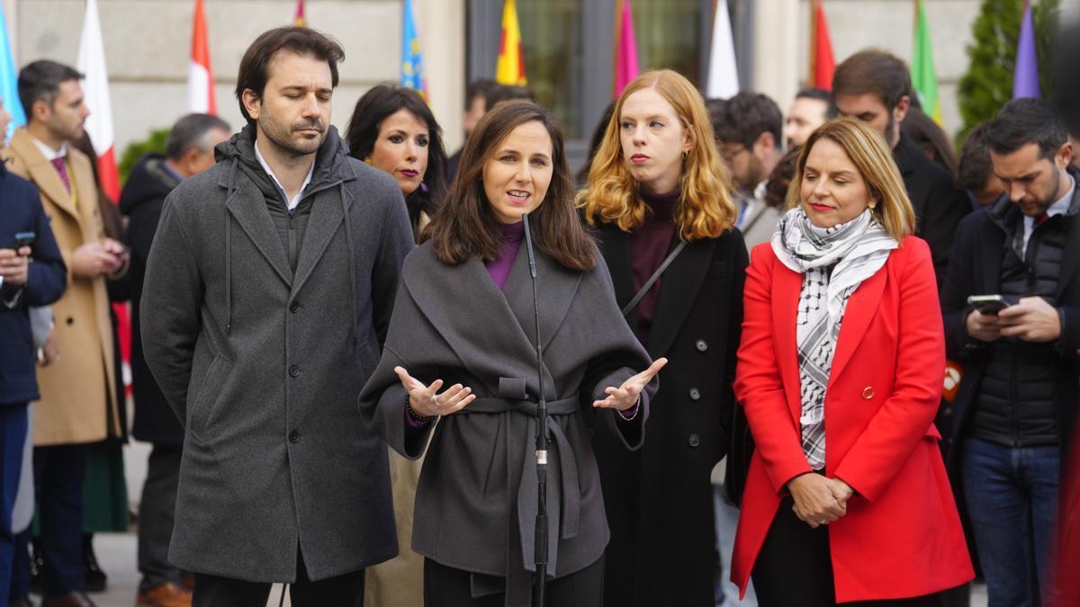 La secretaria general de Podemos, Ione Belarra, durante su comparecencia por el día de la Constitución española en el Congreso.
