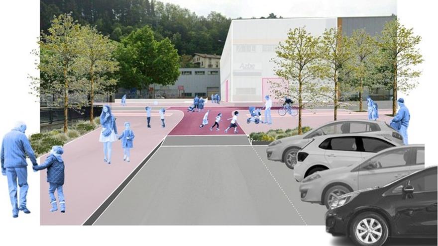 Fotomontaje de la actuación prevista en la parte alta de Basabeazpi, que se cerrará al tráfico rodado para dar prioridad a peatones y mejorar la seguridad en un entorno muy frecuentado, especialmente por el alumnado del centro escolar.