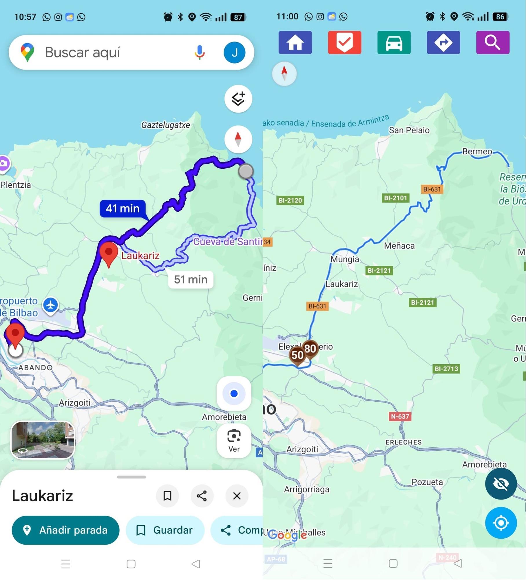 Ala izda, la ruta seleccionada por Gooigle Maps; a la dcha, los radares de esa ruta en la app Radares. Esta se mantiene en segundo plano y solo se oye.