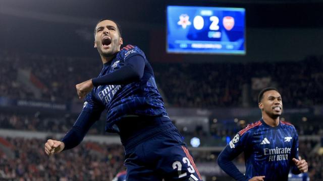 Mikel Merino celebra un gol con el Arsenal durante la última jornada de la Champions League.