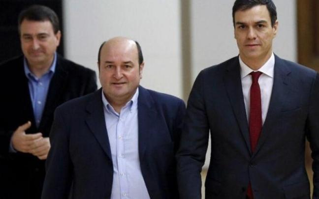 El presidente del EBB del PNV, Andoni Ortuzar, con el portavoz en el Congreso, Aitor Esteban, y el presidente del Gobierno español, Pedro Sánchez
